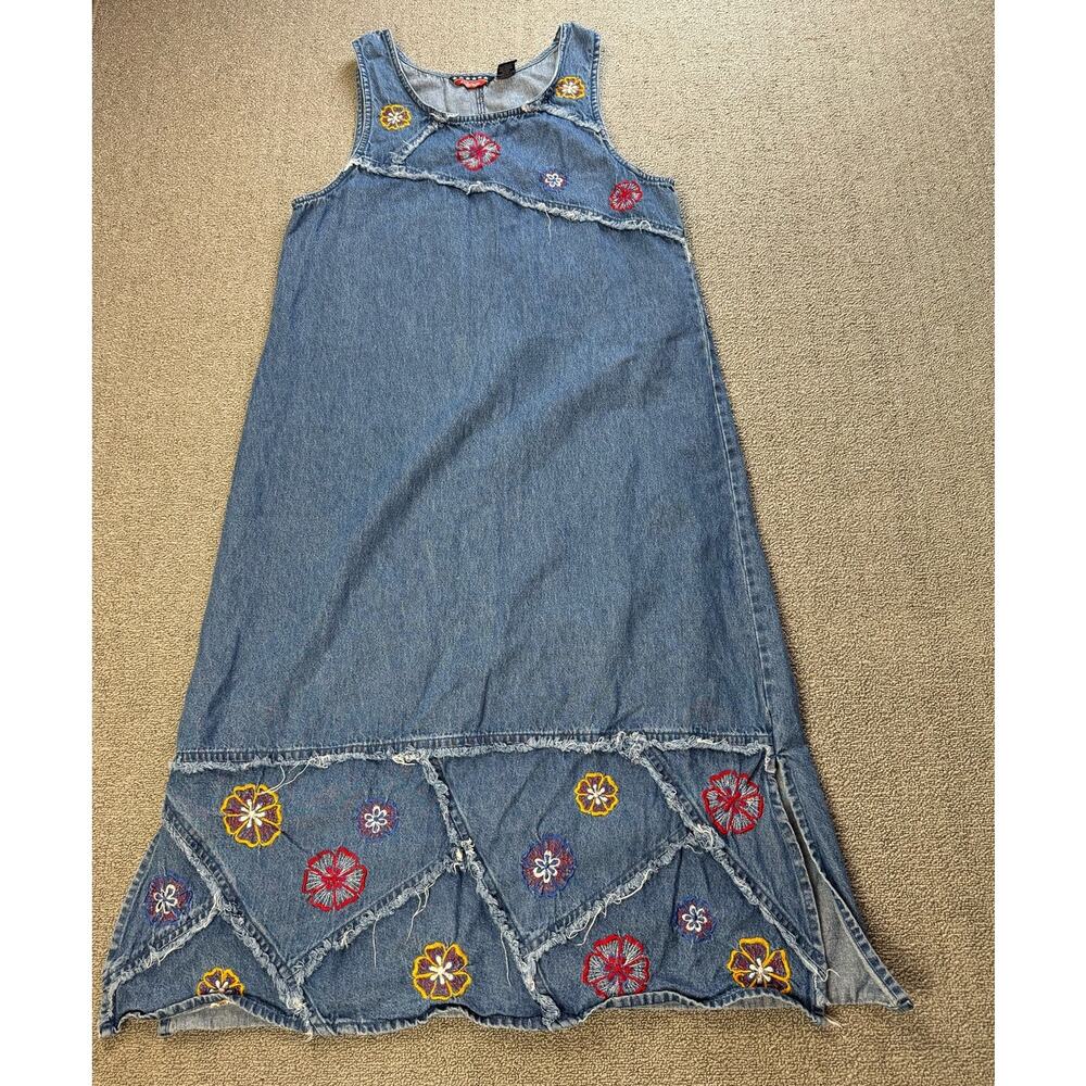 Vintage Asazy Denim Jumper Dress Embroidered Floral Midi Size Medium Petite‎